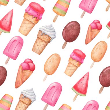Beyaz arkaplanda köşegen dondurma deseni suluboya çizimi, çocuksu tasarım