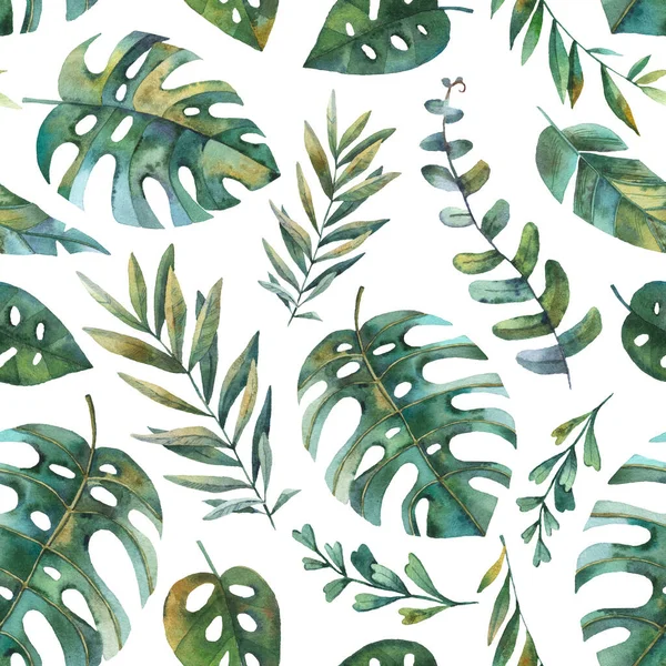 Seamless Pattern Different Tropical Green Leaves — Stock Photo, Image