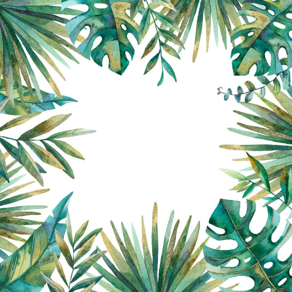 wedding event invitation card template. Exotic tropical jungle rainforest bright green palm monstera leaves border frame. Horizontal landscape layout. Shiny golden gradient text placeholder.