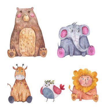 Beyaz arka planda hayvan ayısı, kuş, aslan ve fil suluboya resimleri.