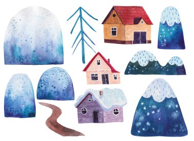 Manzaranın elementleri, tırmanış, dağlar, yol, beyaz arka planda suluboya evler.