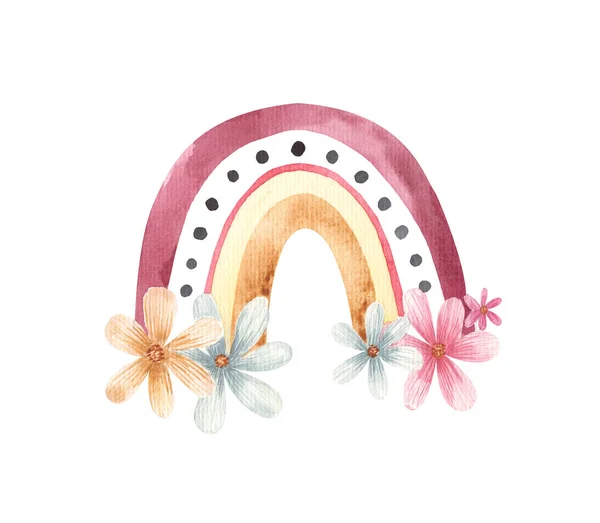 Arco Íris Rosa Com Flores Aquarela Ilustração Fundo Branco — Fotografia de Stock