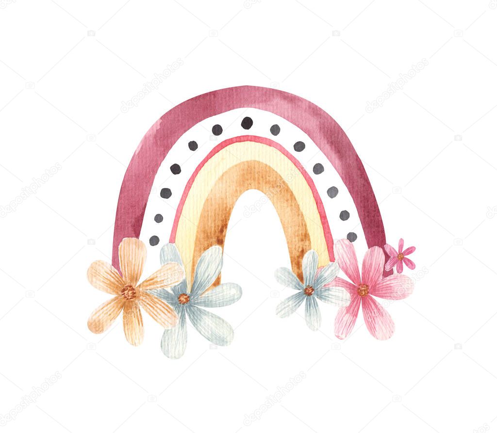 pink rainbow with flowers watercolor illustration on white background