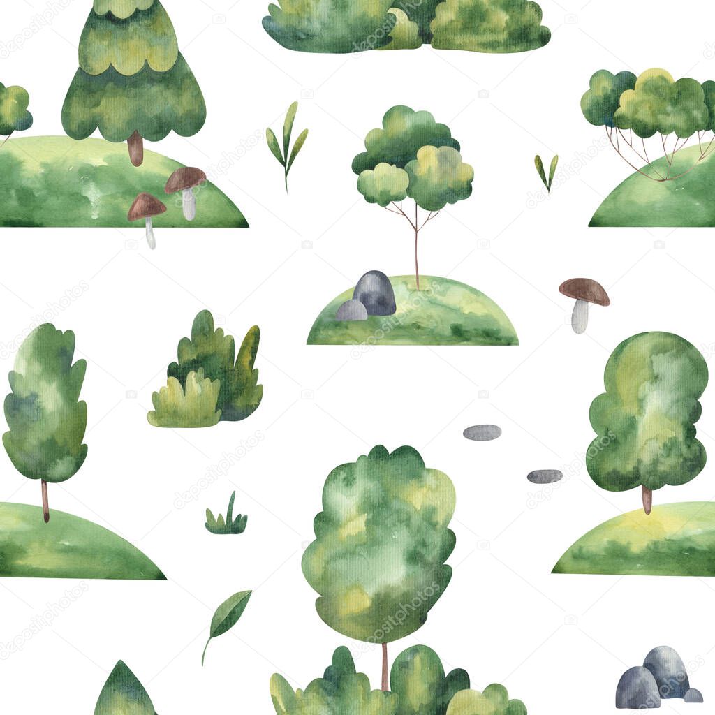 pattern kids forest and trees watercolor illustration on white background