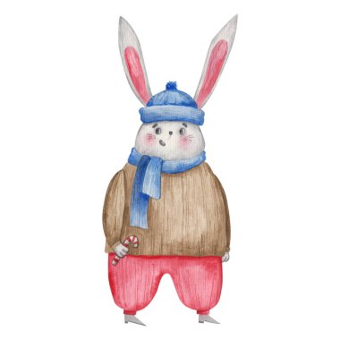 Noel karakteri tavşan, Noel şekeri suluboya resimleme beyaz arka planda