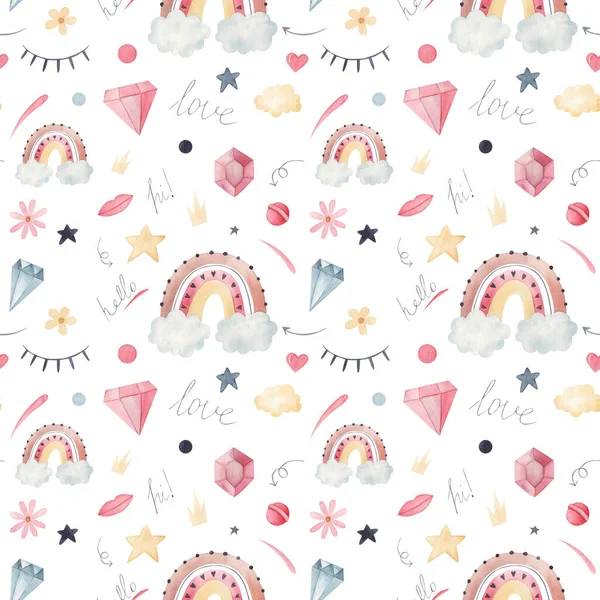 pattern with stickers rainbow, diamond, clouds watercolor illustration on white background