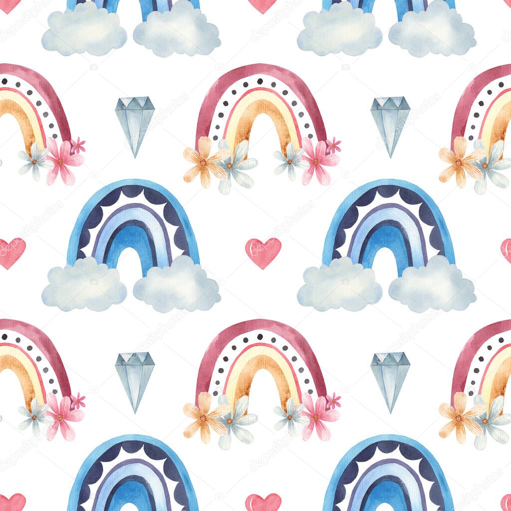 pattern with rainbows, hearts and stones watercolor illustration on a white background