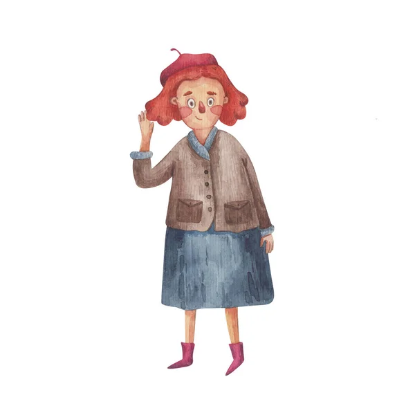 Menina Boina Vermelha Com Cabelo Vermelho Aquarela Personagem Ilustração Fundo — Fotografia de Stock
