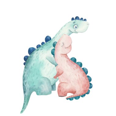 Sevimli karikatür dinozorları sarılıyor, anne ve bebek suluboya boyanmış beyaz arka planda, fantastik tarih öncesi hayvan etiketi, baskısı, çocuk odası dekoru