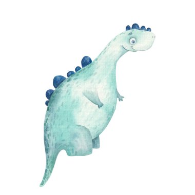 Beyaz arka planda suluboya resimli şirin bir karikatür yeşil dinozor, fantastik tarih öncesi hayvan çıkartması, baskı, çocuk odası dekoru.