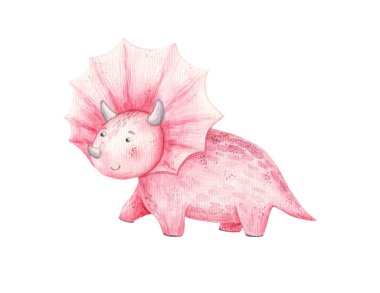 Kısa bacakları ve boynuzları olan sevimli pembe dinozor çizgi filmi suluboya çizimi, baskı tasarımı, çıkartmalar.