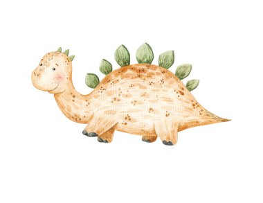 Küçük patileri, suluboya çizimleri, baskı tasarımları, çıkartmaları olan sevimli sarı dinozor çizgi filmi.