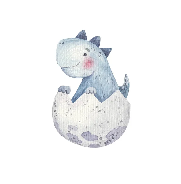Blauw Schattig Cartoon Dinosaurus Uitgebroed Met Een Kinderen Illustratie Aquarel — Stockfoto