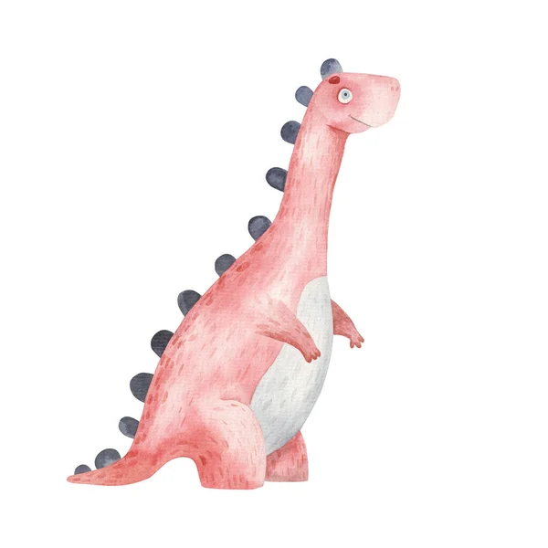 Cute cartoon red dinosaur with a long neck stands on its hind legs painted with watercolors on a white background, Fantastic prehistoric animal sticker, print, kids room decor