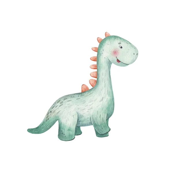 Zielony Cute Dinozaur Kreskówki Długą Szyją Dzieci Ilustracji Akwareli Projekt — Zdjęcie stockowe