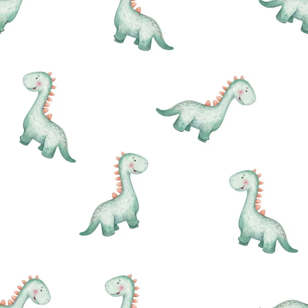 Απρόσκοπτη Μοτίβο Δεινόσαυρους Κινουμένων Σχεδίων Πράσινο Χρώμα Παιδική Ακουαρέλα Εικονογράφηση — Φωτογραφία Αρχείου