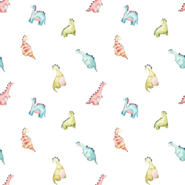 seamless pattern with cartoon dinosaurs, watercolor illustration on white background
