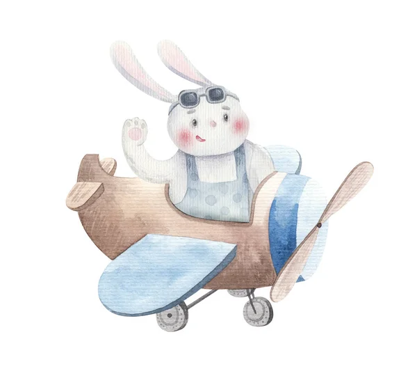 Детская Иллюстрация Кролик Животное Заяц Уши Очках Мухи Самолете Акварель — стоковое фото