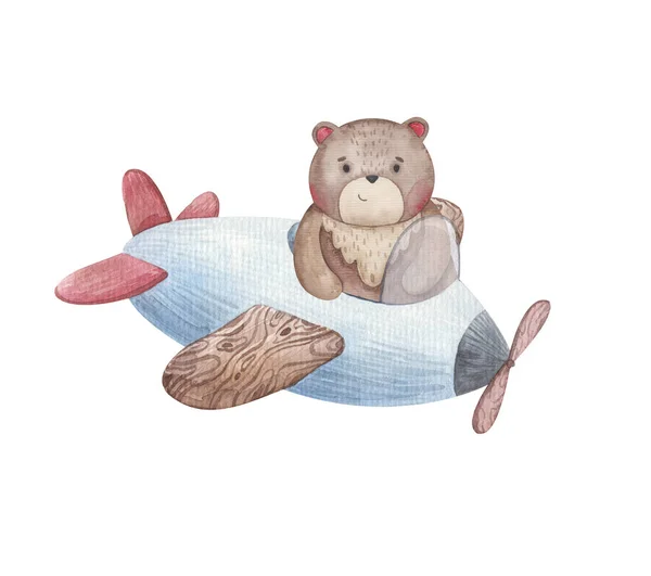 Petit Ours Dessin Animé Volant Dans Avion Illustration Pour Enfants — Photo