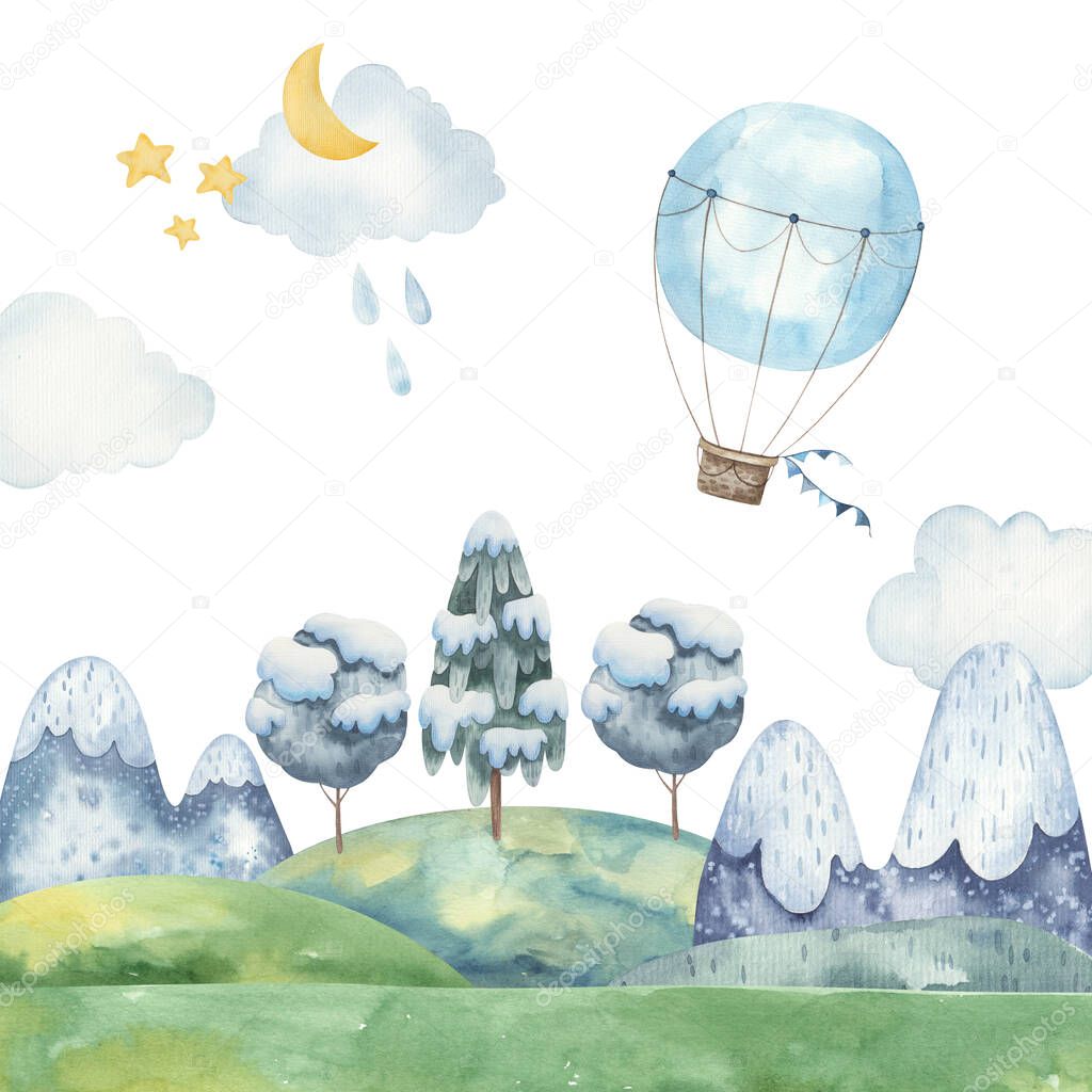 landscape children's design with mountains, snowy trees, stars, moon. watercolor illustration on a white background. Illustration for greeting card, interior