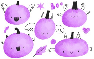Doodle cartoon pumpkins for halloween. Pumkin monster hand drawn illustration on isolated background