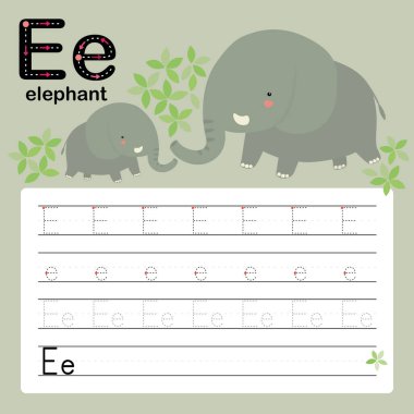 E, fil, anaokulu ve anaokulu için temel yazım becerilerini, vektör ve illüstrasyonları geliştirmek için alfabe izleme çalışma tablosu 