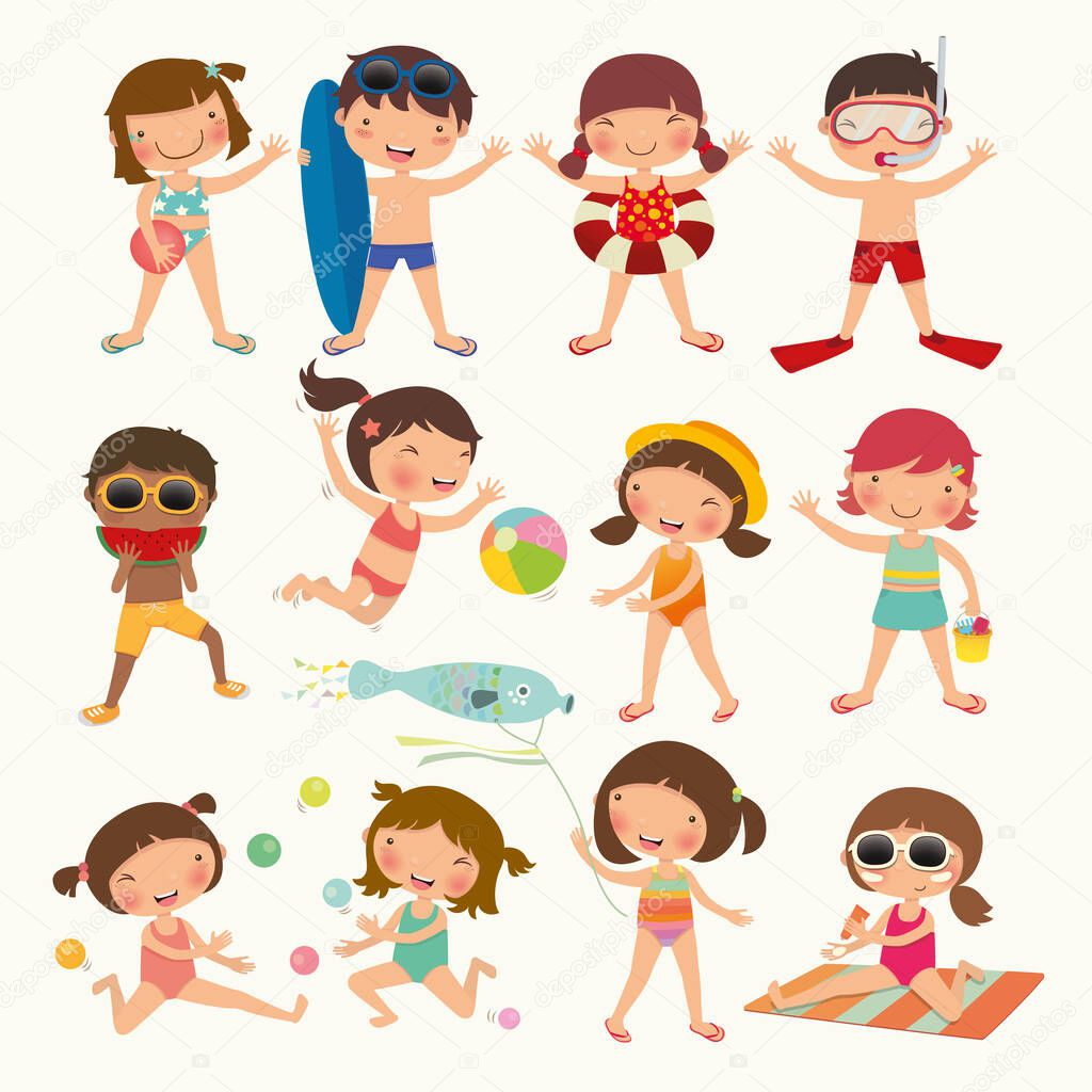Cute kid collection play on the beach, vector, illustration