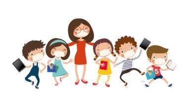 Yeni normal, öğretmen ve çocuklar okula geri dönüyor, eğitim, vektör, illüstrasyon