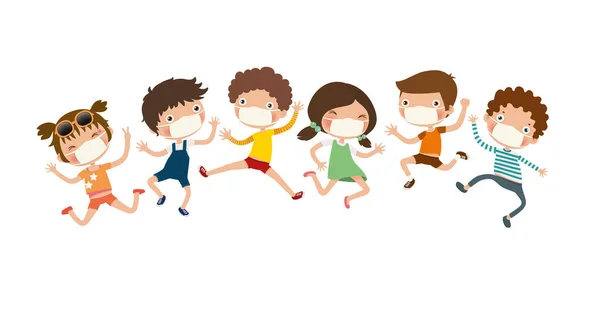 Nieuw Normaal Kinderen Springen Samen Grappig Springende Kinderen Vector Illustratie — Stockvector