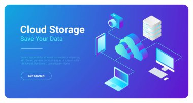 İzometrik düz Cloud Hosting ağ vektör Banner tasarımı. Online bilgisayar depolama 3d kavramı. SmartWatch, bilgisayar, Laptop, cep telefonu nesneleri