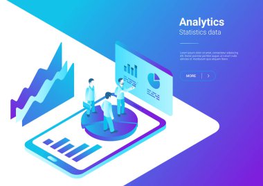 İzometrik düz Analytics strateji vektör çizim pazarlama. İstatistik grafikleri ile Smartphone üzerinde duran insanlar