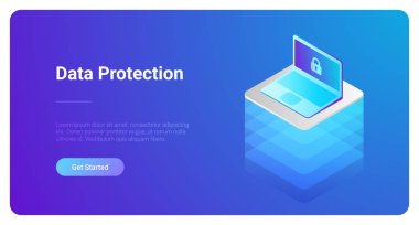 İzometrik düz bilgisayar Laptop dizüstü ultraviyole vektör çizim. Genel koruma güvenlik veri düzenleme teknoloji kavramı