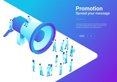 İzometrik düz hoparlör megafon insanlar kalabalık ile illüstrasyon vektör. Reklam Promosyon pazarlama konseptini ultraviyole stili