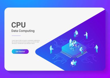 İzometrik düz insanlar çalışma Cpu Gpu işlemci yongası vektör çizim üzerinde. Dijital Teknoloji Laboratuvarı