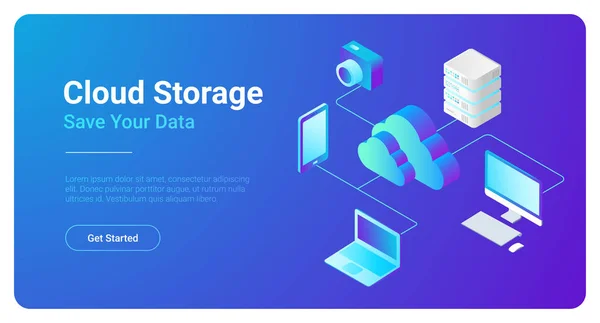 Isométrico Flat Cloud Hosting Network Vector Banner Design Concepto Almacenamiento — Vector de stock