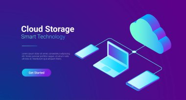 İzometrik düz veri bulut depolama ağı vektör çizim. Online bilgisayar 3D isometry kavramı Hosting. Tablet PC, dizüstü bilgisayar, cep telefonu akıllı telefon nesneleri