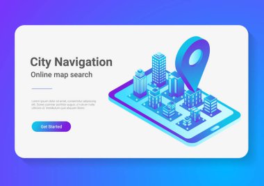 İzometrik cep telefonu gezinti vektör illüstrasyon kavramı içinde düz 3d şehir haritası