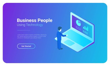 İstatistik grafikleri ile laptop ekran izometrik düz vektör çizim üzerinde çalışan iş adamı. İş finansal rapor yönetimi pazarlama kavramı