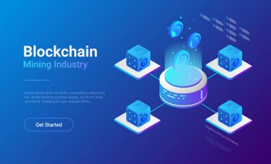 İzometrik Bitcoin madenciler bilgisayar web sitesi vektör afiş tasarımı. Madencilik Sanayi Cryptocurrency illüstrasyon kavramı.