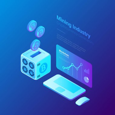 Bitcoin madenci düşen paraları ve Cryptocurrency oranı istatistikleri ekran izometrik düz madenciliği endüstri kavramı ile bilgisayar ile