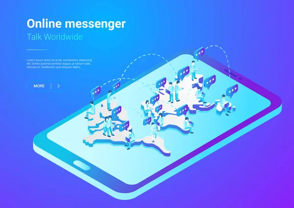 Isometric Flat People Talking Worldwide Social Network Messenger Vector Illustration — Stock Vector