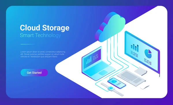 Isométrico Flat Cloud Hosting Network Vector Banner Design Concepto Almacenamiento — Vector de stock