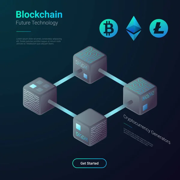 Blockchain Cryptocurrency Bitcoin Etherium Litecoin Technology Isometric Flat Vector Illustration — Stock Vector