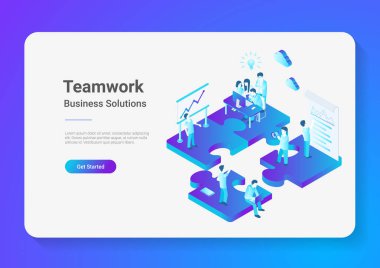 İzometrik düz vektör çizim çalışması iş adamları bulmaca parçaları. Finans yönetimi kavramı illüstrasyon