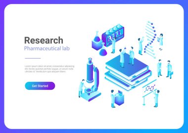 İzometrik düz araştırma eczacılık labaratuarı için vektör çizim. Mikroskopla çalışan bilim adamları tüpler Dna Laboratuarı'nda test.