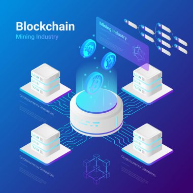 İzometrik Bitcoin madenciler bilgisayar web sitesi vektör çizim tasarım. Madencilik Sanayi Cryptocurrency illüstrasyon kavramı