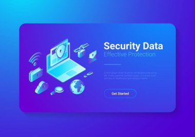 Güvenlik veri koruma Antivirus Anti spam illüstrasyon. Dizüstü bilgisayar ile bulut klasör e-posta Wifi bağlantı arama simgeler izometrik stil vektör banner tasarımı