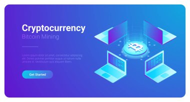 İzometrik Cryptocurrency Bitcoin Trading platform Pazar vektör çizim. Blockchain teknolojisini kullanarak dizüstü dizüstü bilgisayarlar