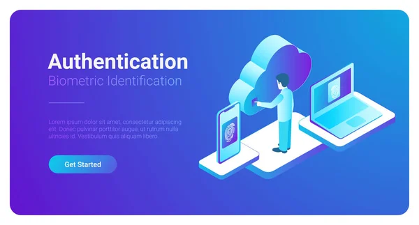 Isometrisk Autentisering Biometrisk Identifiering Vektorillustration Man Vidrör Skärmen För Att — Stock vektor