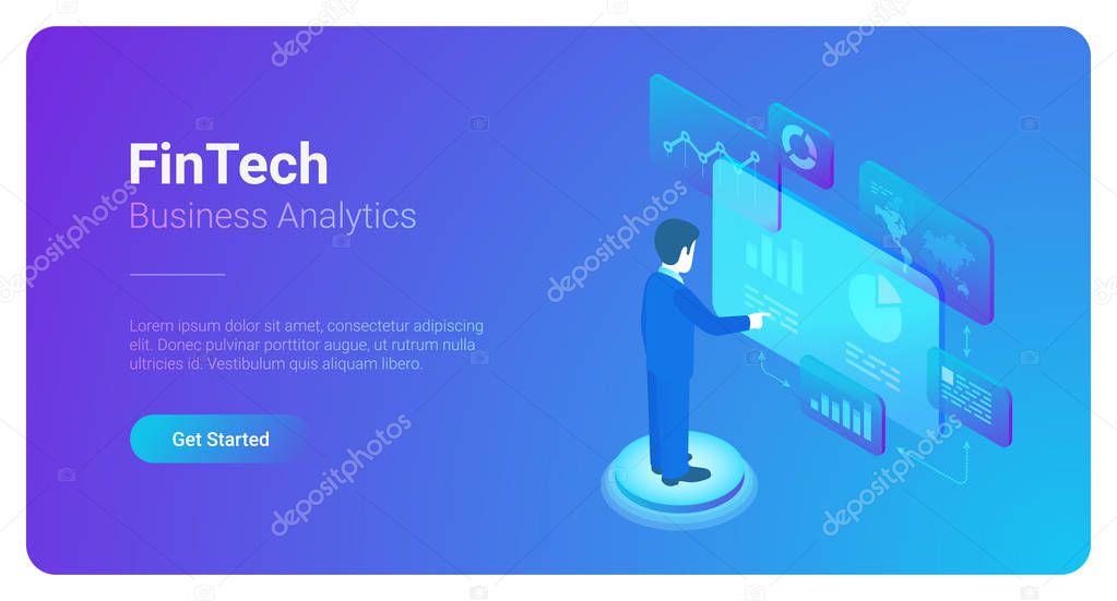 Man Business Analyse Data Market in Virtual space isometric flat vector illustration. Fintech Finance Charts Diagrams businessman concept